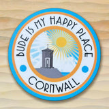 Bude is My Happy Place Round Blue and White Coaster.