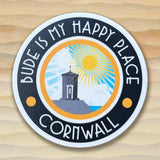 Bude is My Happy Place Round White and Black Coaster.