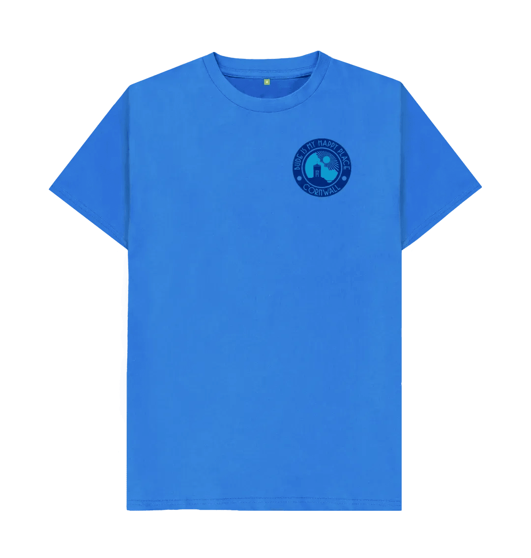 'Bude is My Happy Place' Organic Unisex Blue T shirt.