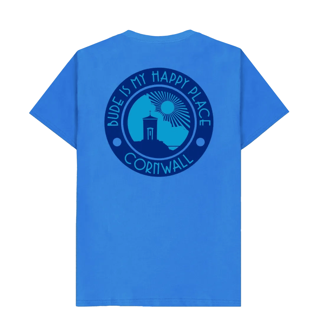 'Bude is My Happy Place' Organic Unisex Blue T shirt.